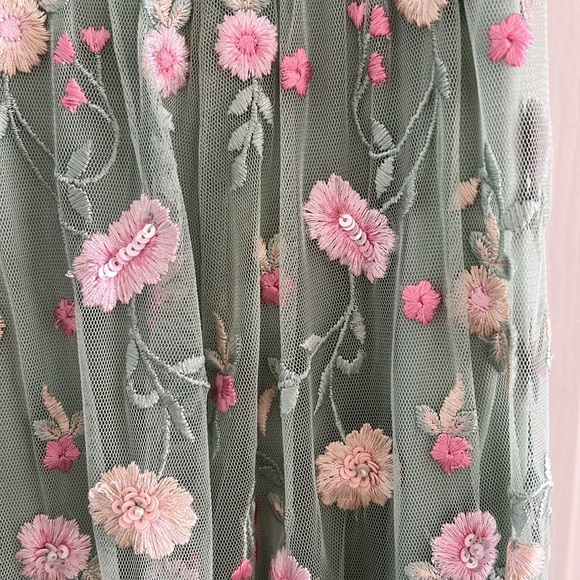 MAC DUGGAL EMBROIDERED V NECK CAP SLEEVE FLORAL APPLIQUÉ MIDI DRESS - SAGE - NEW - Picture 4 of 9